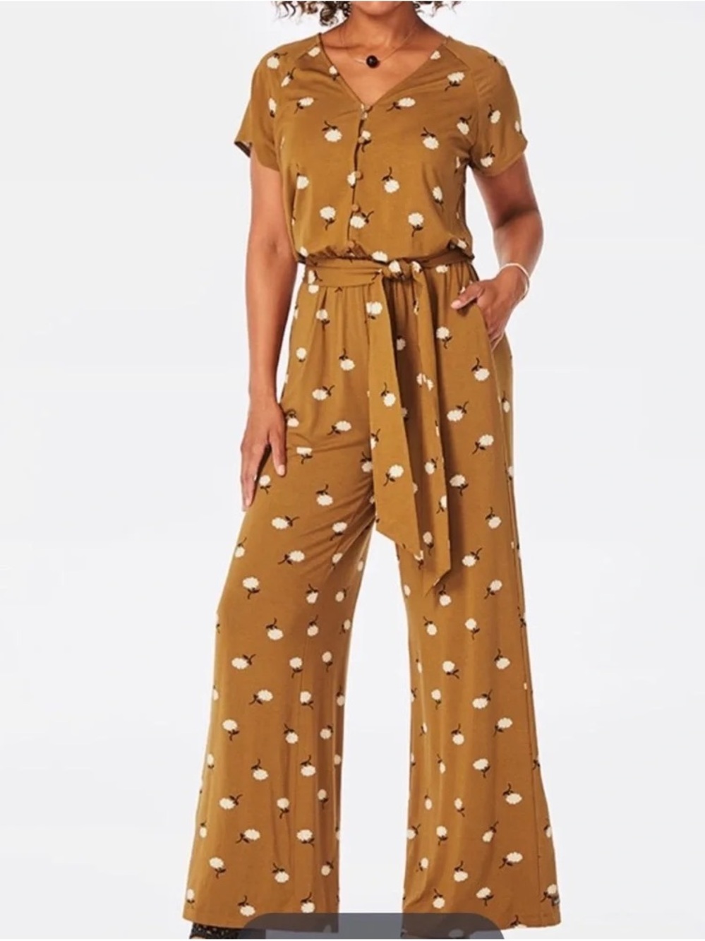 NWT Matilda Jane size XS Mustard Floral Wide-Leg Jumpsuit with Tie Waist